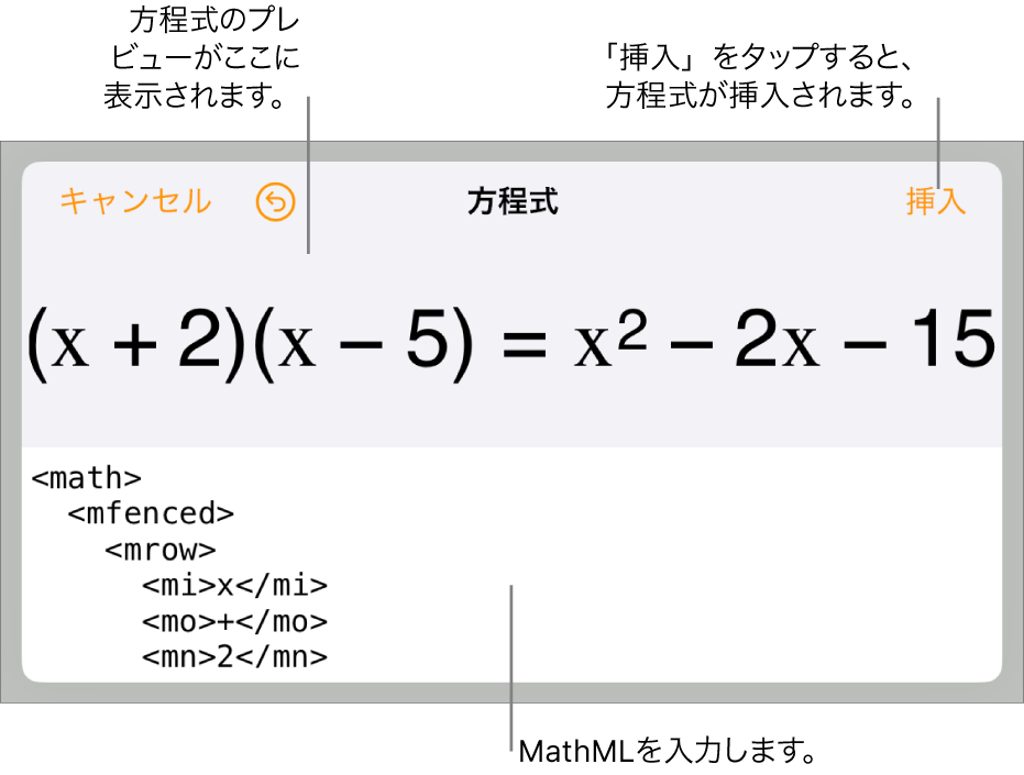 「方程式」ダイアログ。MathMLコマンドを使用して書き込まれた方程式が表示され、その上に公式のプレビューが表示されています。
