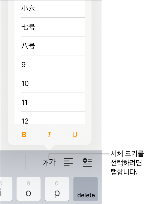 서체 크기 메뉴가 열려 있고 iPad 키보드의 오른쪽에 서체 크기 버튼이 표시되어 있습니다. 중국 본토 정부 표준 서체 크기가 메뉴 상단에 나타나 있고 아래에는 점 크기가 나타나 있습니다.