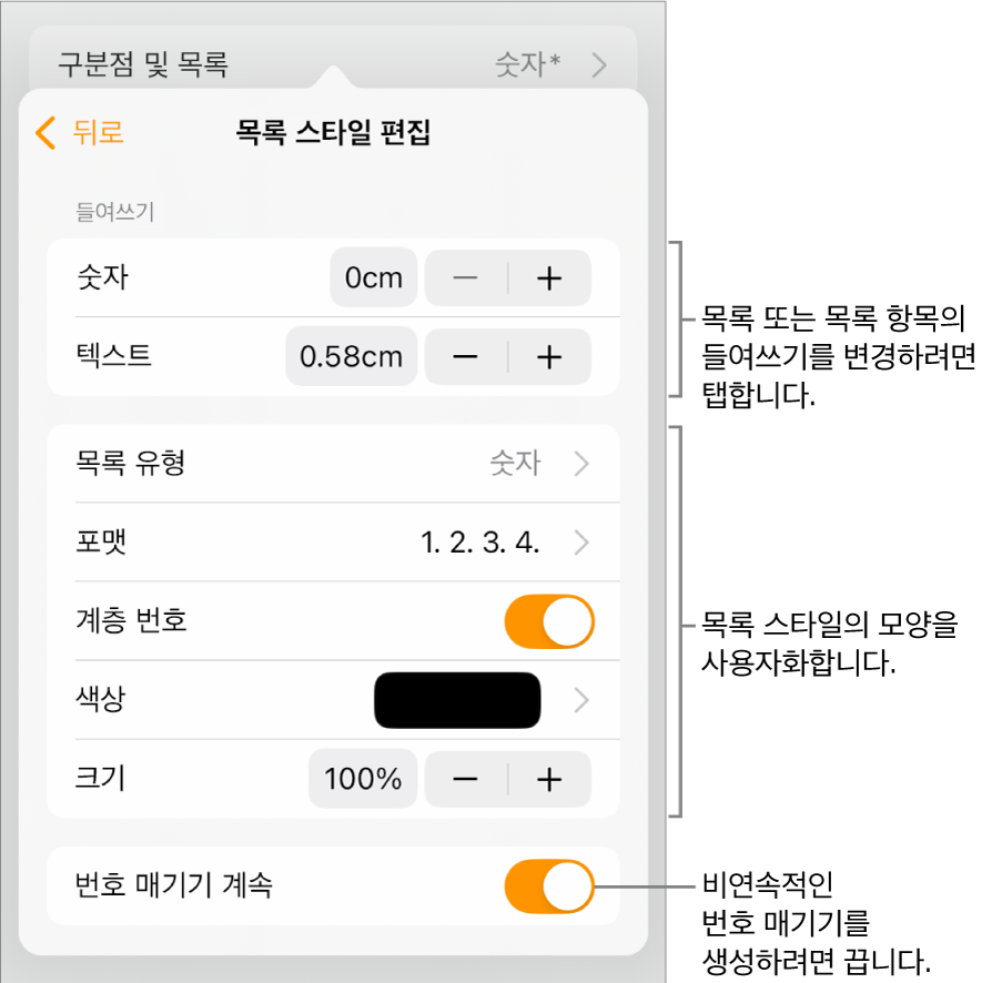 목록 스타일 편집 메뉴에 들여쓰기 간격, 목록 유형 및 포맷, 계층 번호, 목록 색상 및 크기, 연속된 숫자의 제어기가 있음.