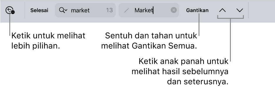 Kawalan Cari & Ganti di atas papan kekunci dengan petak bual ke butang Pilihan Carian, Ganti, Pergi ke Atas dan Pergi ke Bawah.