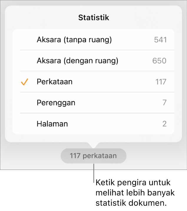 Pengira perkataan dengan menu yang menunjukkan pilihan untuk menunjukkan jumlah aksara tanpa dan dengan jarak, kiraan perkataan, kiraan perenggan dan kiraan halaman.