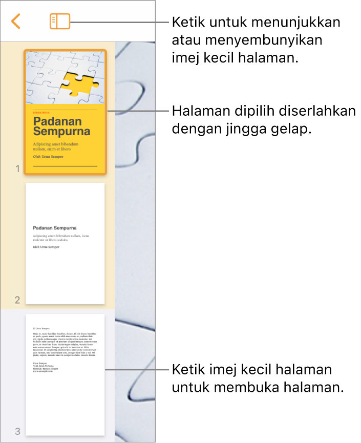Paparan Imej Kecil Halaman di sebelah kiri skrin dengan bahagian dua halaman, garis pemisah, kemudian satu halaman bahagian seterusnya. Butang Paparan di atas imej kecil.