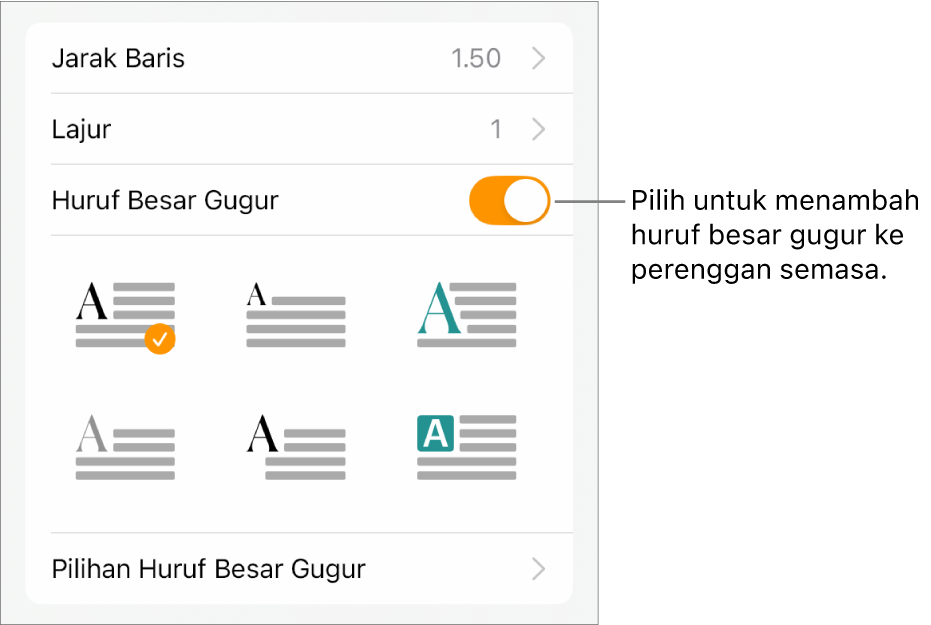 Kawalan Huruf Besar Gugur berada dalam menu Teks.