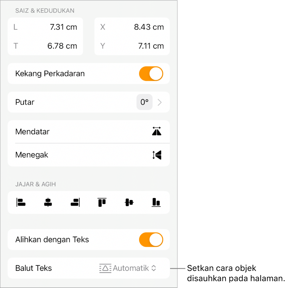 Kawalan Format dengan tab Susun dipilih dan kawalan untuk Bergerak ke Belakang/Depan, Alihkan dengan Teks dan Balut Teks.