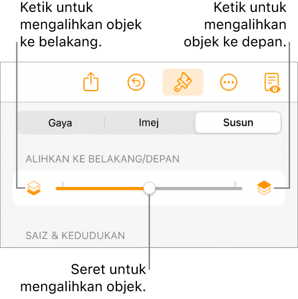 Butang Bergerak Ke Depan, butang Bergerak Ke Belakang dan gelangsar lapisan.