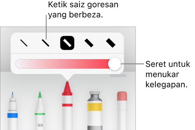 Kawalan untuk memilih saiz goresan dan gelangsar untuk melaraskan kelegapan.