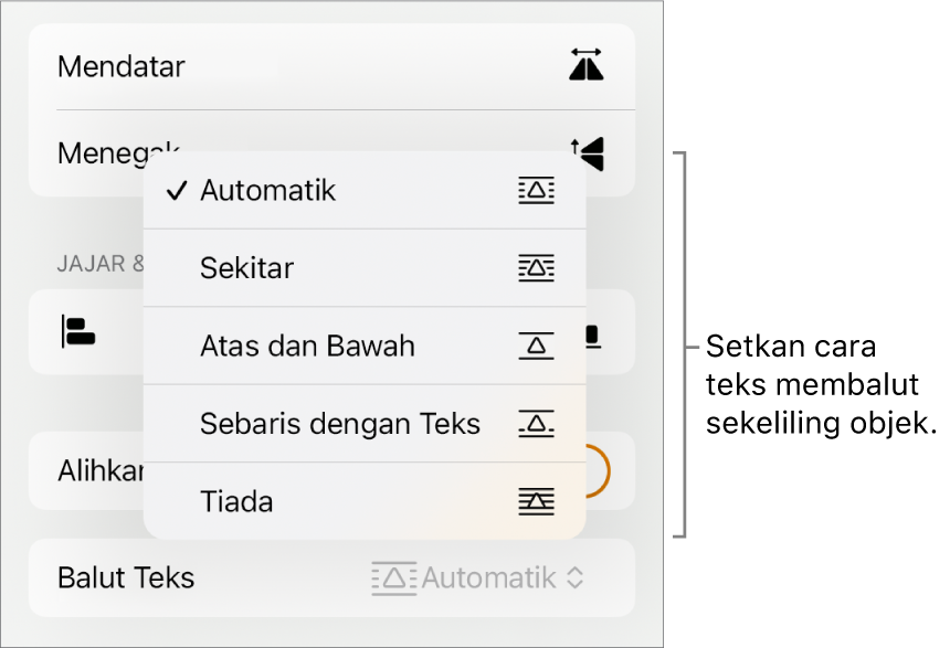 Kawalan Format dengan tab Susun dipilih. Di bawahnya ialah kawalan Balut Teks dengan Bergerak ke Belakang/Depan, Alihkan dengan Teks dan Balut Teks.