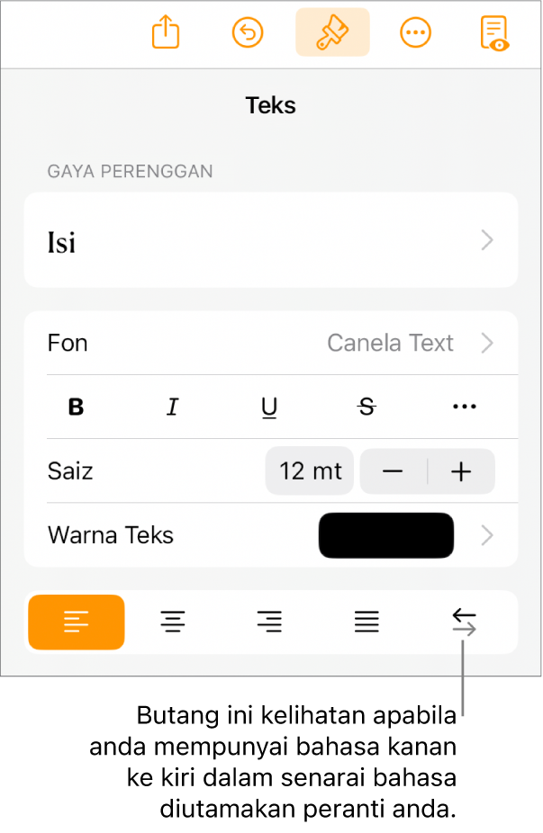 Kawalan teks dalam menu Format dengan petak bual menuding ke butang Kanan ke Kiri.