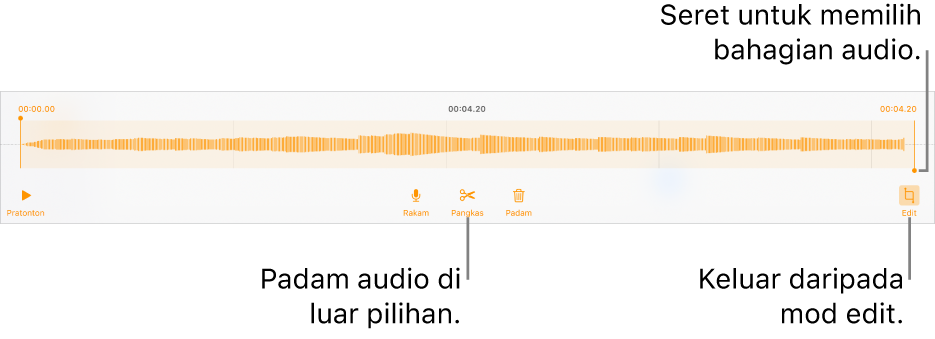 Kawalan untuk mengedit audio yang dirakam. Pemegang menunjukkan bahagian rakaman yang dipilih dan butang Pratonton, Rakam, Pangkas, Padam dan Mod Edit adalah di bawah.