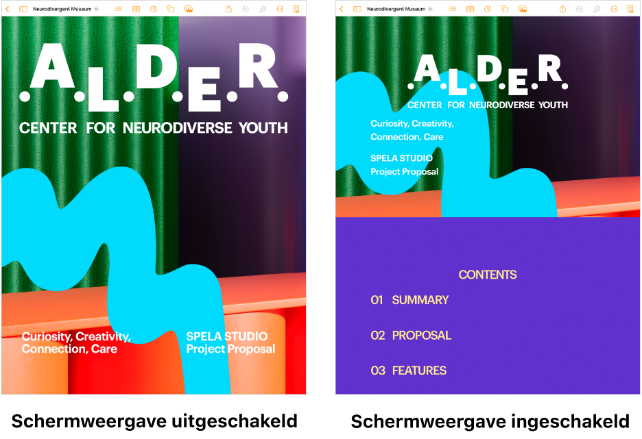 Twee weergaven van hetzelfde Pages-document. In de ene is de schermweergave ingeschakeld en in de andere is de schermweergave uitgeschakeld. In de versie waarin de schermweergave is ingeschakeld, is de tekstgrootte aangepast aan het scherm en zijn pagina-einden en kopteksten verborgen.