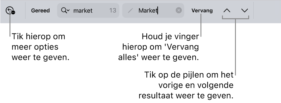 De zoek- en vervangregelaars boven het toetsenbord met uitleg bij de knop voor zoekopties, de knop 'Vervang' en de knoppen met een pijl-omhoog en pijl-omlaag