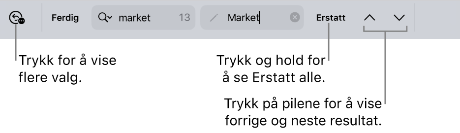 Søk og erstatt-kontrollene over tastaturet med bildebeskrivelser for knappene for Søkealternativer, Erstatt, Gå opp og Gå ned.