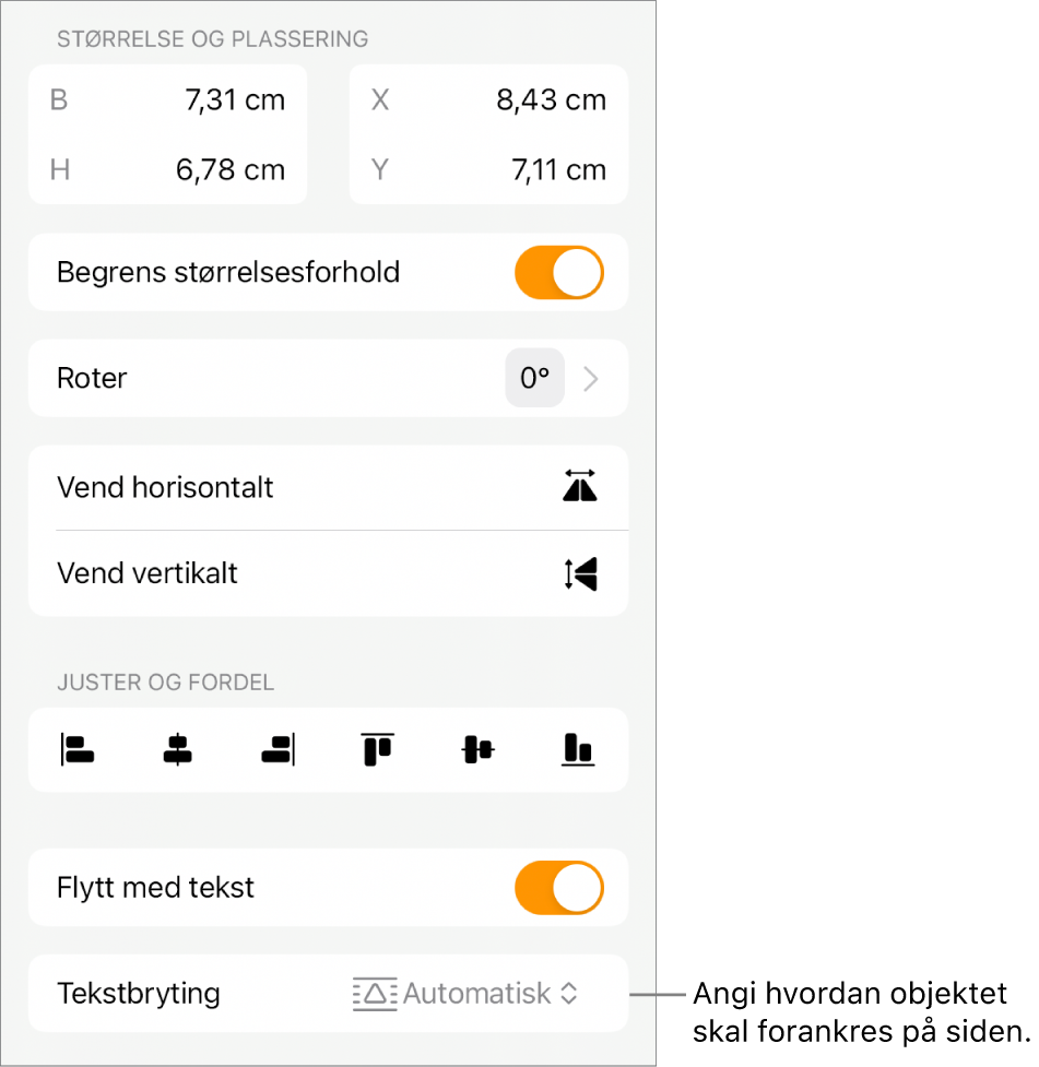 Format-kontrollene med Ordne-fanen markert og kontroller for Flytt nederst/øverst, Flytt med tekst og Tekstbryting.