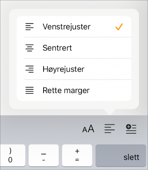 Formatlinjen, med kontroller for tekstinnrykk og avsnittsjustering.