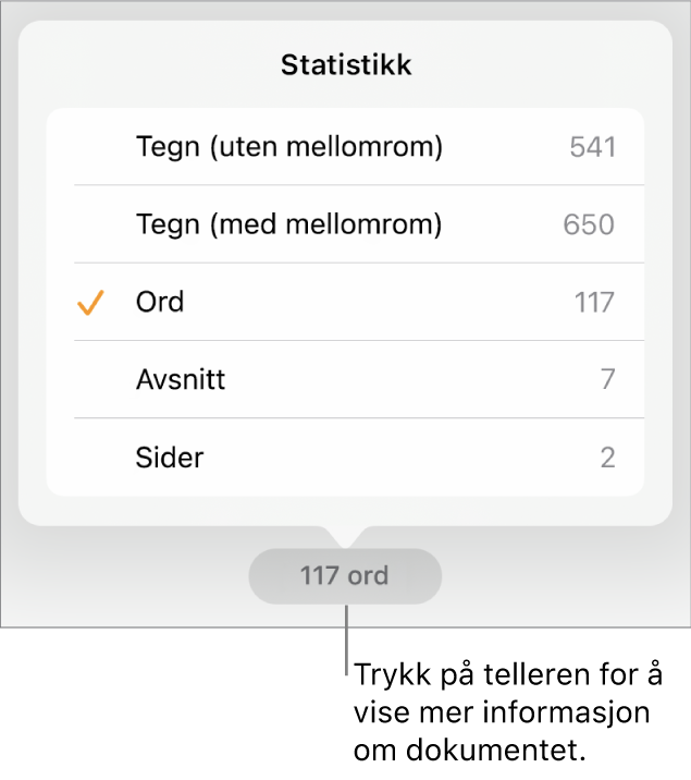 Ordtellingen, med en meny som viser valg for å vise antallet tegn med og uten mellomrom, ordantall, antall avsnitt og antall sider.