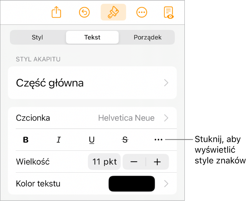 Narzędzia formatowania. Na samej górze widoczne są style akapitu, a poniżej znajdują się narzędzia czcionki. Pod narzędziami czcionki widoczne są przyciski Pogrubienie, Kursywa, Podkreślenie, Przekreślenie oraz Więcej opcji tekstu.