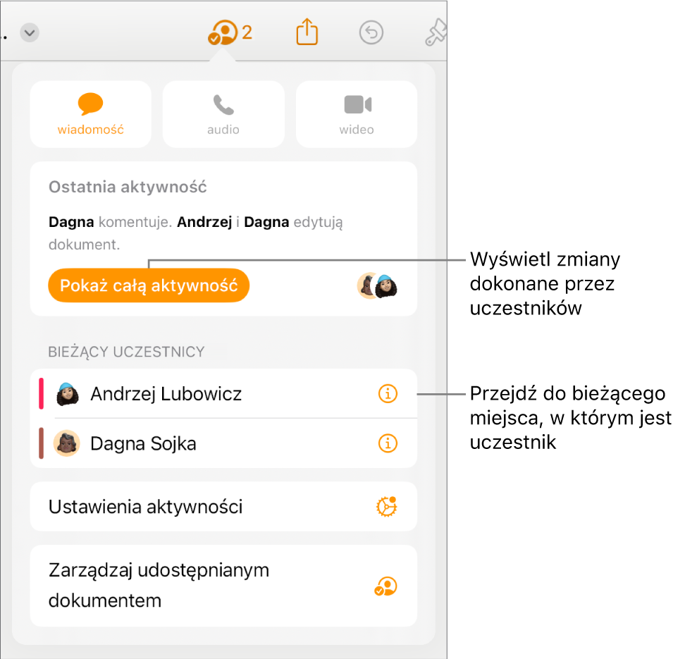 Menu współpracy z wymienionymi aktualnymi uczestnikami.