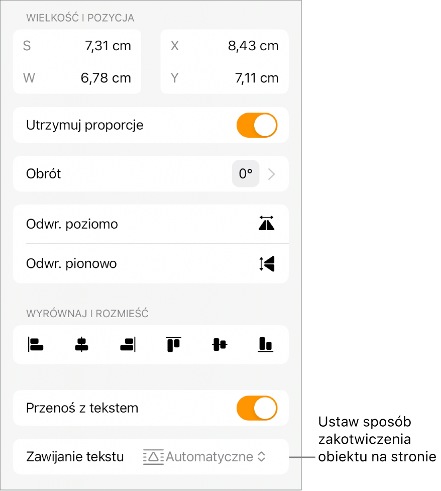Narzędzia formatowania z zaznaczoną kartą Uporządkuj. Widoczne są narzędzia: Przenieś na wierzch/spód, Przenoś z tekstem i Oblewanie tekstem.