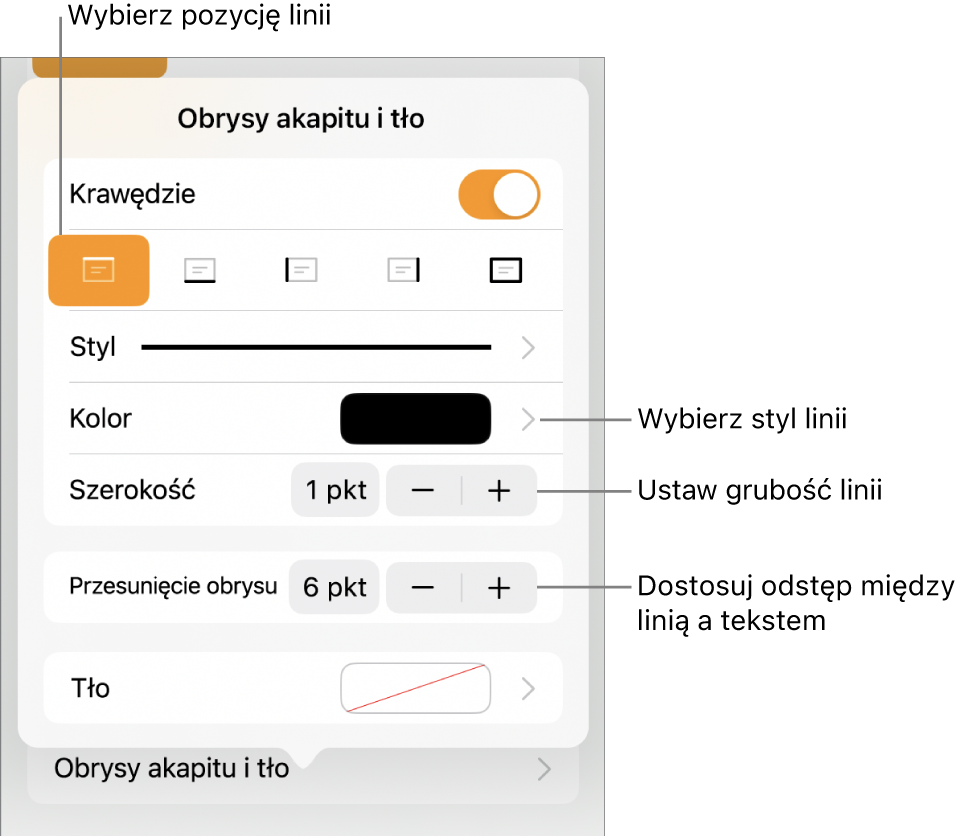 Narzędzia zmieniania stylu, grubości, pozycji i koloru linii.