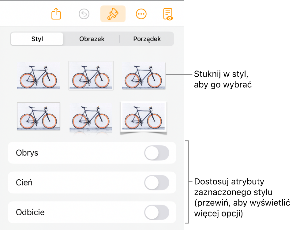 Karta Styl w menu Format, zawierająca na górze style obiektów, a poniżej narzędzia pozwalające na zmienianie obrysu, cienia, odbicia i krycia.