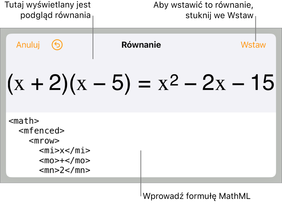 Pole dialogowe Równanie, zawierające równanie zapisane przy użyciu języka MathML. Powyżej widoczny jest podgląd tego równania.