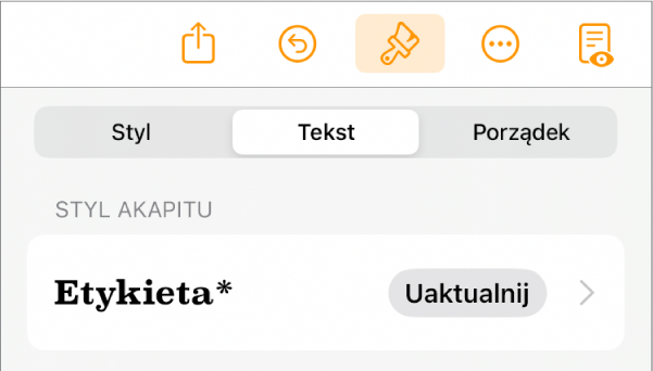 Styl akapitu Treść z gwiazdką oraz znajdującym się po prawej stronie przyciskiem Uaktualnij.