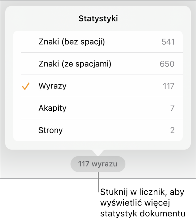 Licznik wyrazów z menu zawierającym opcje pozwalające na wybranie wyświetlania liczby znaków ze spacjami i bez spacji, liczby wyrazów, liczby akapitów oraz liczby stron.