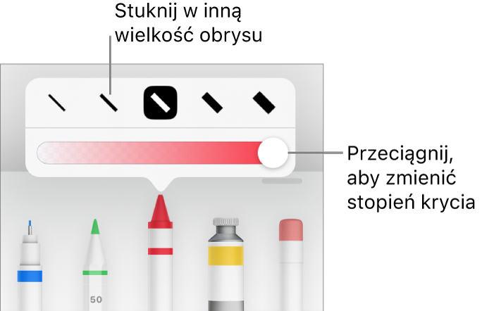 Narzędzia do ustawiania grubości kreski oraz suwak do ustawiania stopnia krycia.