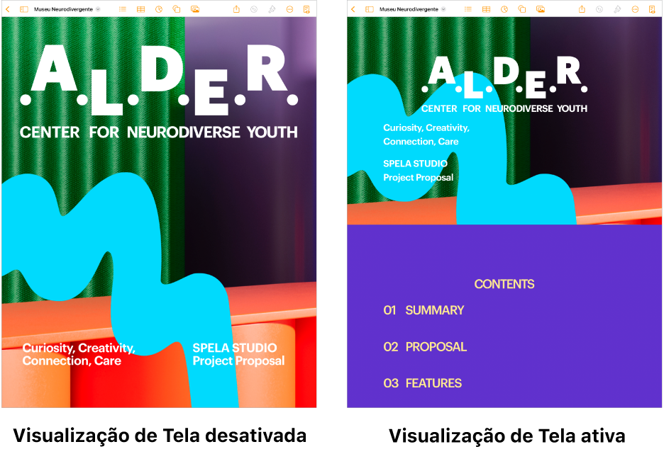 Duas visualizações do mesmo documento do Pages, uma com a Visualização de Tela ativada e outra com a Visualização de Tela desativada. Na versão com a Visualização de Tela ativada, o tamanho do texto é ajustado para a tela e as quebras de página e os cabeçalhos são ocultos.