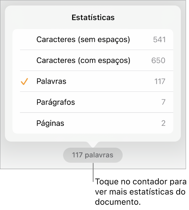 Contador de palavras com menu mostrando opções para mostrar o número de caracteres com e sem espaços, contagem de palavras, contagem de parágrafos e contagem de páginas.