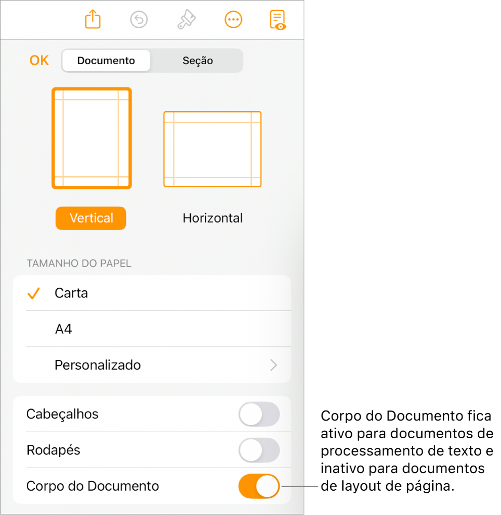 Controles de formatação Documento, com “Corpo do Documento” ativado próximo à parte inferior da tela.