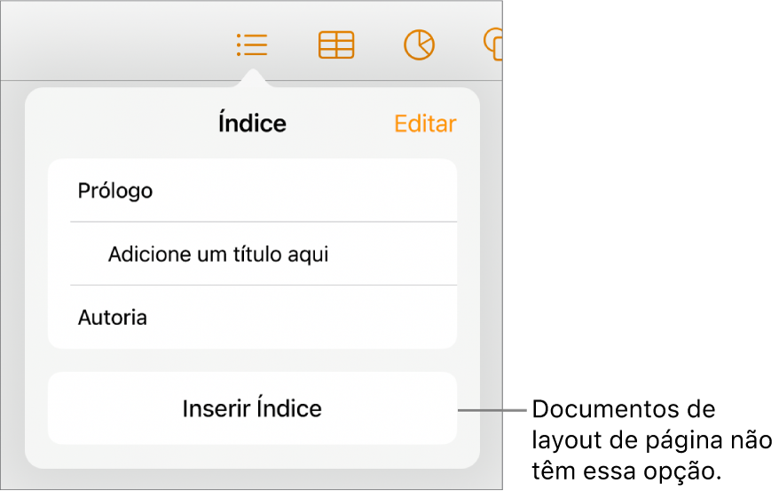 Visualização do índice, com Editar no canto superior direito, entradas do índice e o botão Inserir Índice na parte inferior.