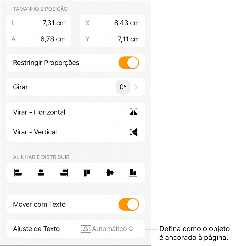 Controles Formatar com a aba Organizar selecionada e controles de “Mover para Trás/Frente”, “Mover com Texto” e “Ajuste de Texto”.