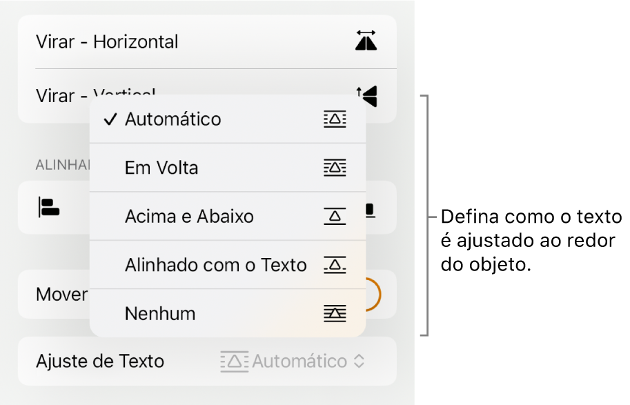 Controles Formatar com a aba Organizar selecionada. Abaixo estão controles de “Ajuste de Texto”, com “Mover para Trás/Frente”, “Mover com Texto” e “Ajuste de Texto”.