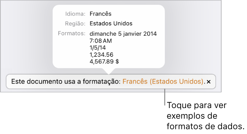 A notificação da configuração diferente de idioma e região, com exemplos de formatação no idioma e região diferentes.