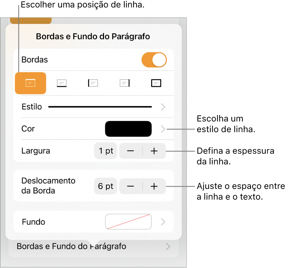 Controles para alterar o estilo, a espessura, a posição e a cor da linha.