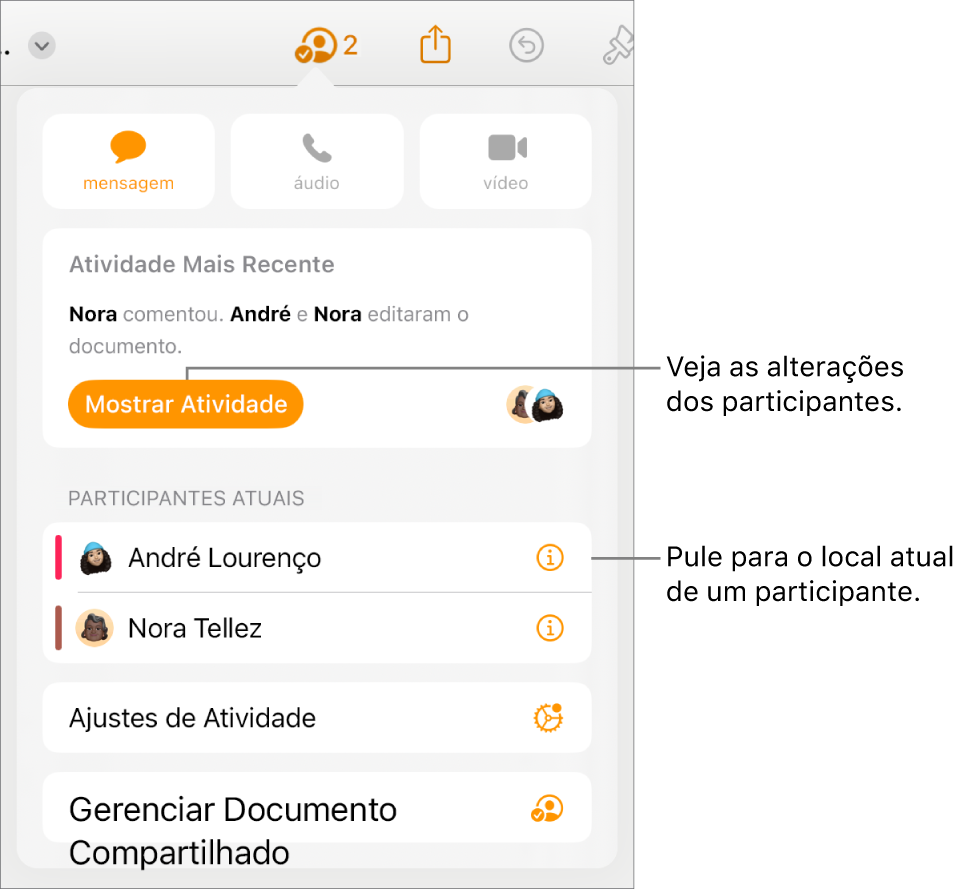 Menu de colaboração com participantes atuais listados.