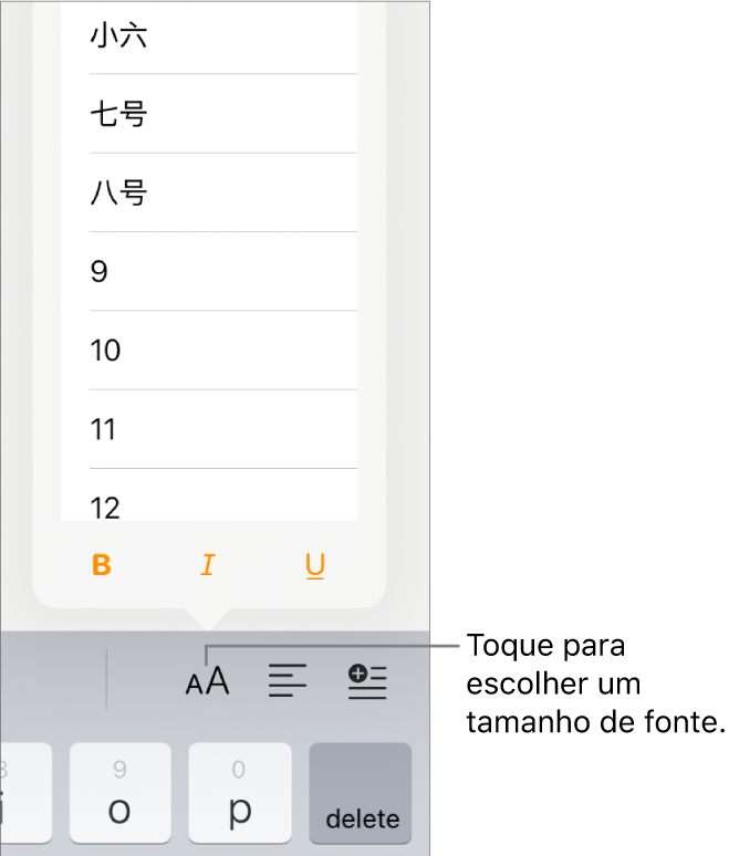 Botão Tamanho de Fonte no lado direito do teclado do iPad com o menu Tamanho de Fonte aberto. Os tamanhos de fonte padrão do governo da China continental aparecem na parte superior do menu com as opções de tamanho em pontos abaixo.