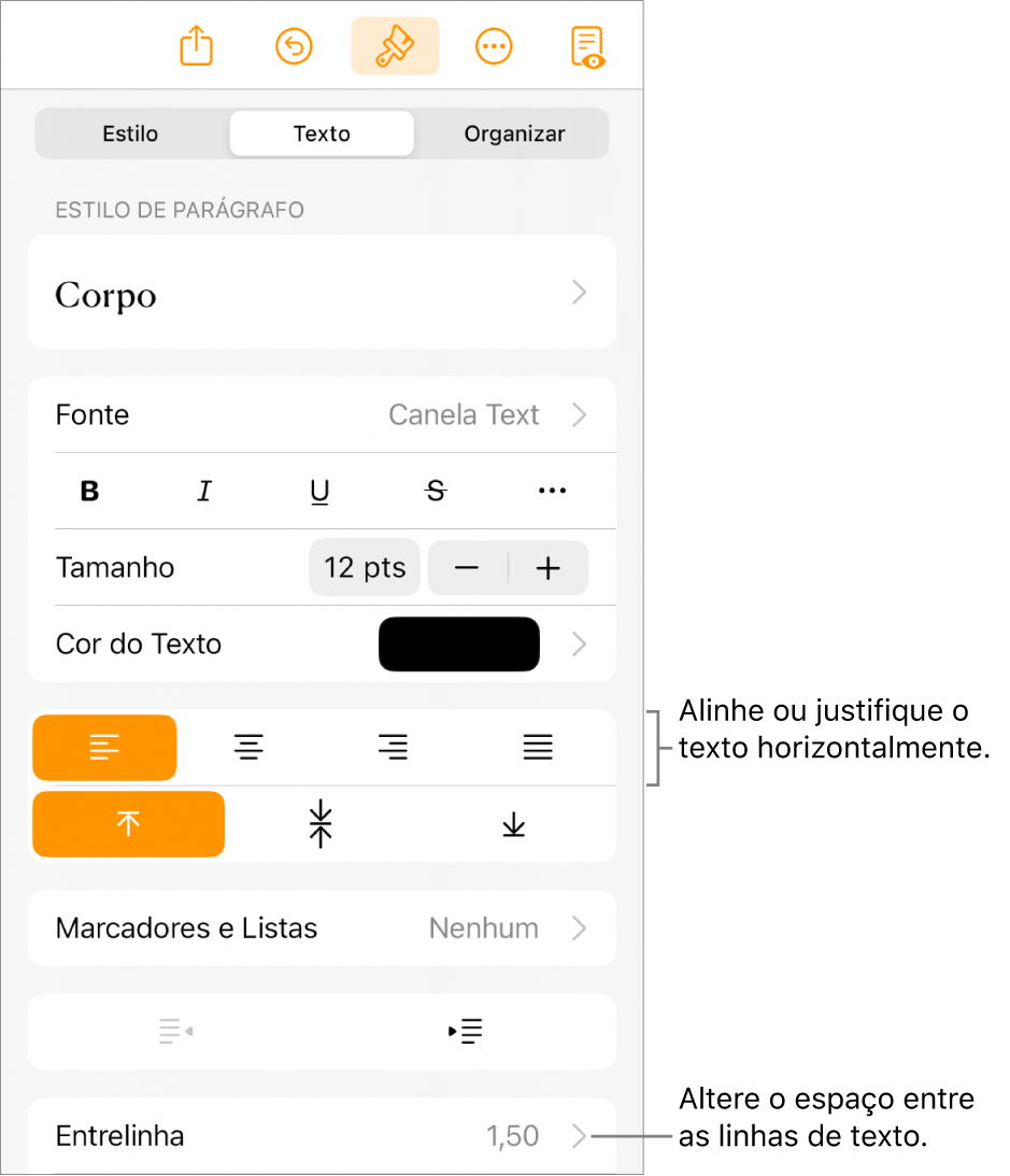 Botão de controles de formatação, com a aba Texto selecionada e balões explicativos para os botões de alinhamento de texto e o item de menu “Espacejamento Entre Linhas”.