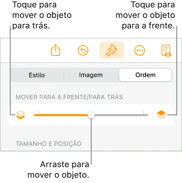 O botão “Mover para trás”, o botão “Mover para a frente” e o nivelador da camada.