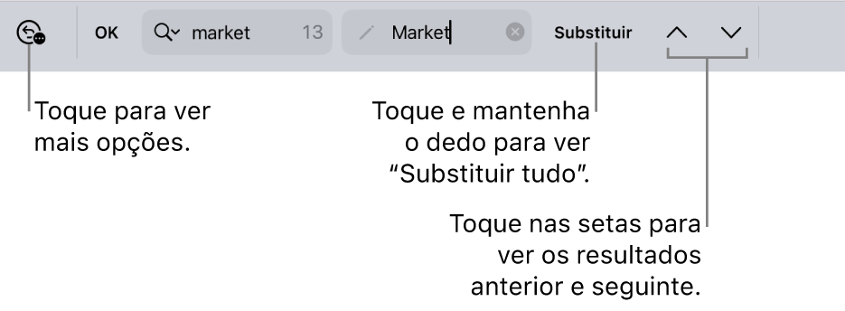 Os controlos “Procurar e substituir” acima do teclado com chamadas para os botões “Opções de pesquisa”, “Substituir”, “Ir para cima” e “Ir para baixo”