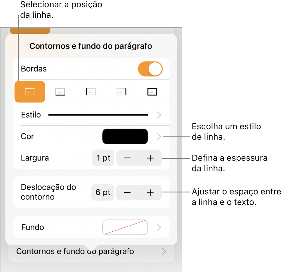 Controlos para alterar o estilo de linha, a espessura, a posição e a cor.