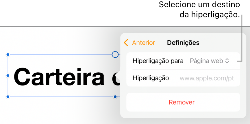 Os controlos “Definições” com a página web selecionada e o botão “Remover” na parte inferior.