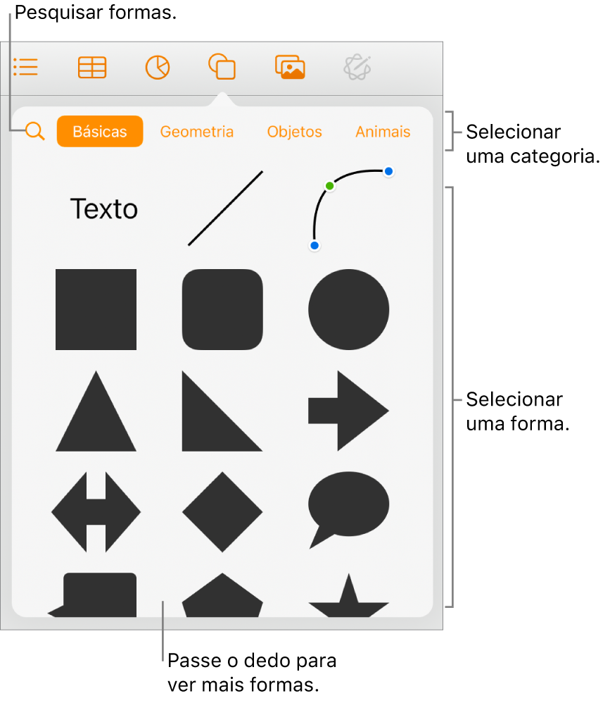 A biblioteca de formas, com as categorias exibidas na parte superior e as formas na parte inferior. É possível usar o botão de pesquisa na parte superior para encontrar formas e passar o dedo para ver mais.