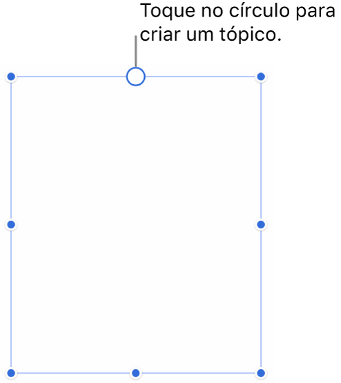 Uma caixa de texto vazia com um círculo branco na parte superior e puxadores de redimensionamento nos cantos e na parte inferior.