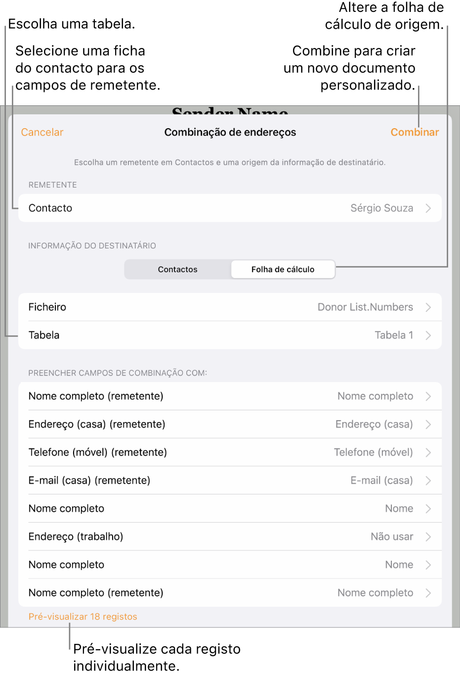 O painel “Intercalação de endereços” está aberto, com opções para selecionar a informação do remetente, alterar o ficheiro ou a tabela de origem, pré-visualizar os nomes dos campos de intercalação ou intercalar o documento.