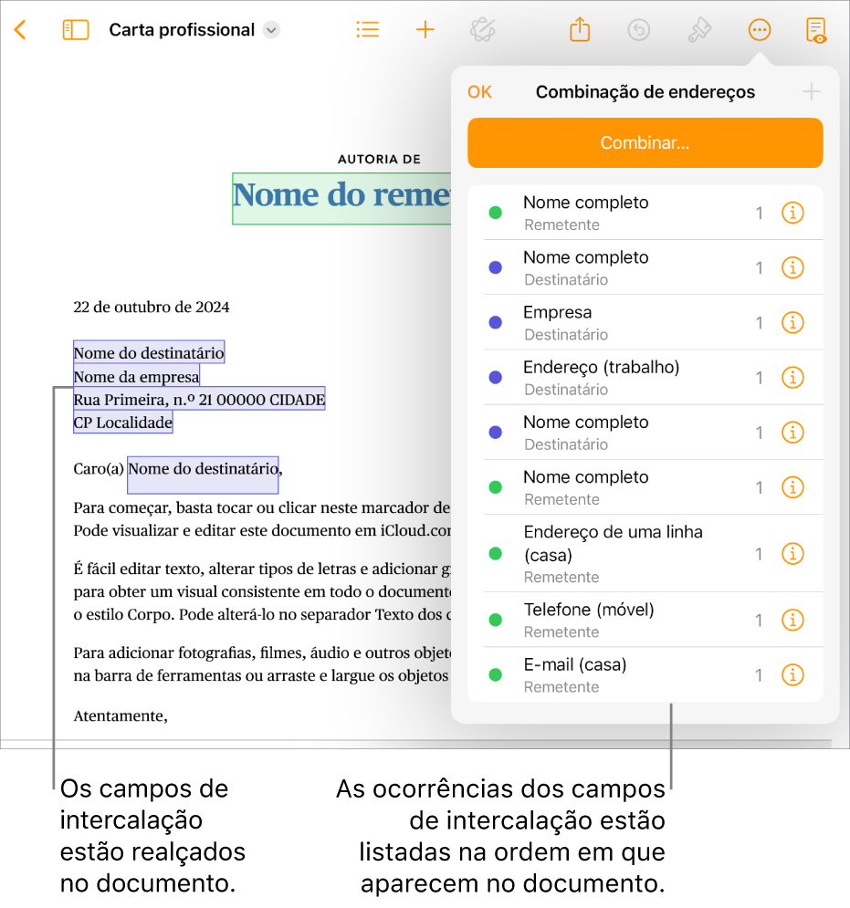 O documento do Pages com os campos de intercalação do destinatário e do remetente e a lista de ocorrências do campo de intercalação visível na barra lateral “Documento”.