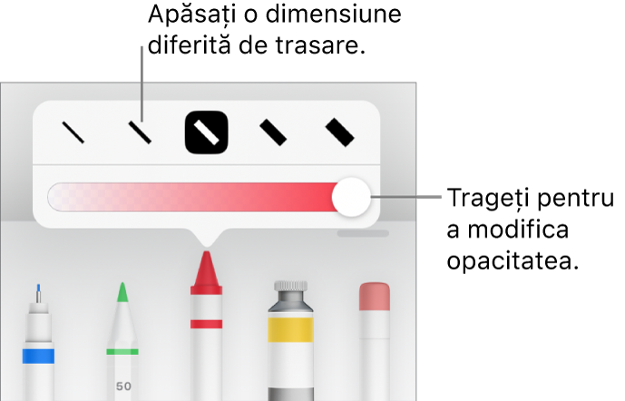Comenzile pentru alegerea unei dimensiuni de trasare și un glisor pentru ajustarea opacității.