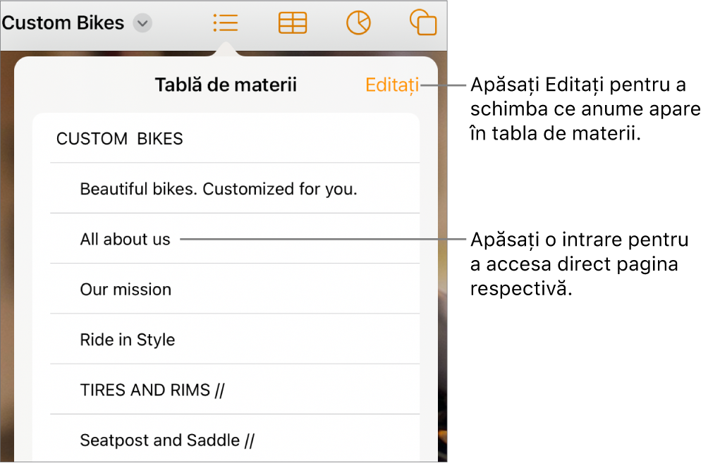 Vizualizarea tablei de materii, cu intrările sub formă de listă. Butonul Editați se află în colțul din dreapta sus al vizualizării.