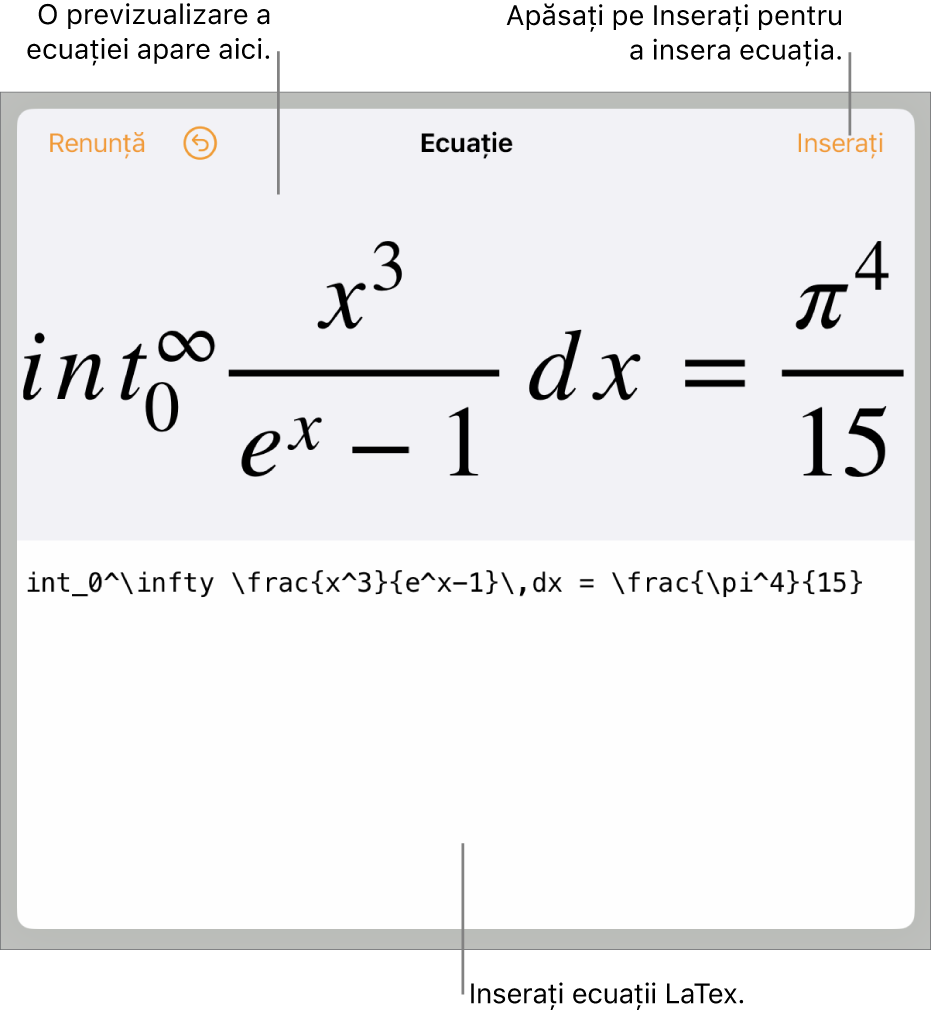Caseta de dialog Ecuație, afișând o ecuație scrisă cu ajutorul comenzilor LaTex și, deasupra, o previzualizare a formulei.